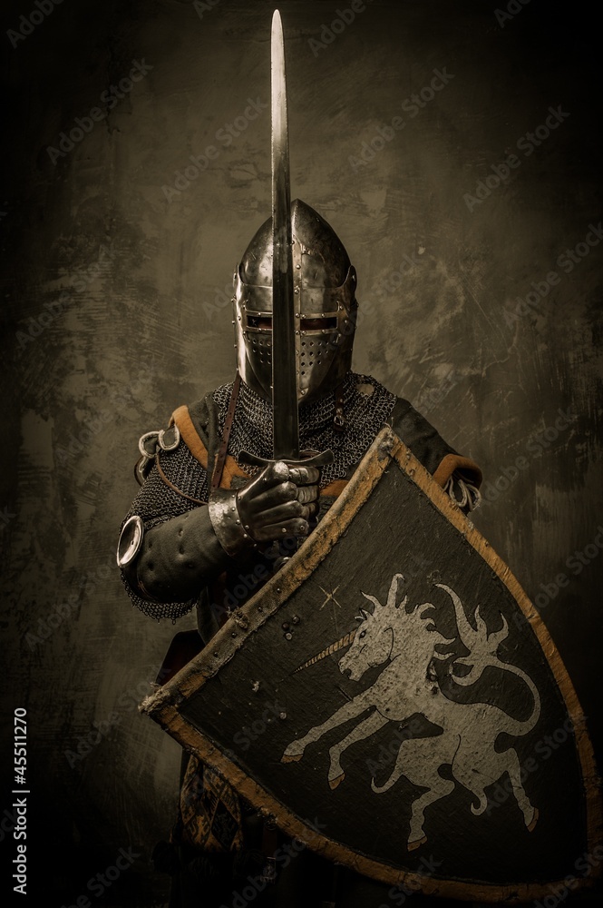 Medieval knight on grey background - obrazy, fototapety, plakaty 