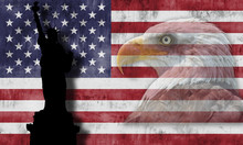 Bandera De USA Con Símbolos Patrióticos Del País.