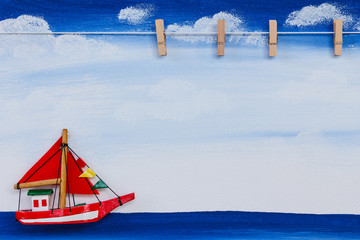 Wall Mural - Picture Board with Wooden Paper Clip on Blue Sky Sea with Boat D