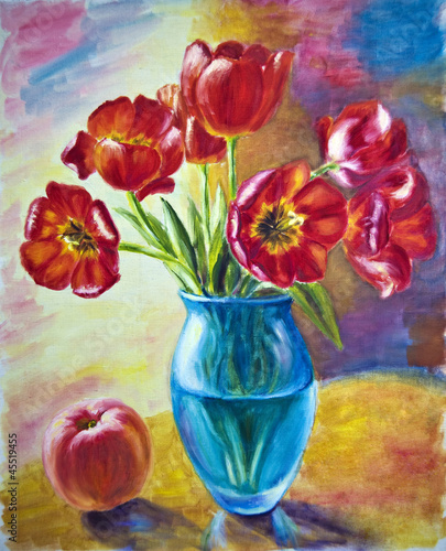 Fototapeta dla dzieci Still life with tulips and peach, oil painting on canvas