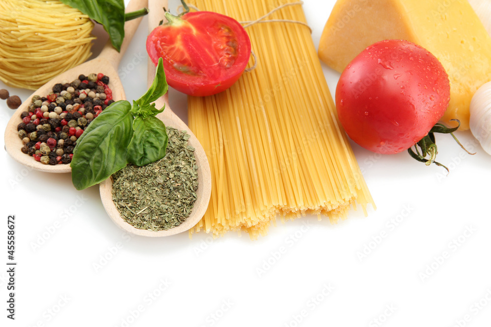 Pasta spaghetti, vegetables and spices, isolated on white