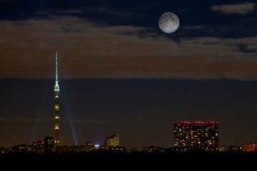 Poster - night skyline with full moon and Ostankino towe