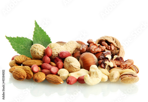 Fotografie, Obraz assortment of tasty nuts with leaves, isolated on white