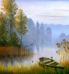 Wall Mural - the boat on the bank of the lake, a canvas, oil