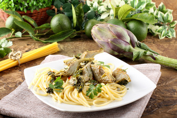 Wall Mural - Spaghetti with artichokes and parsley