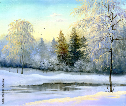 Naklejka dekoracyjna beautiful winter landscape, canvas, oil