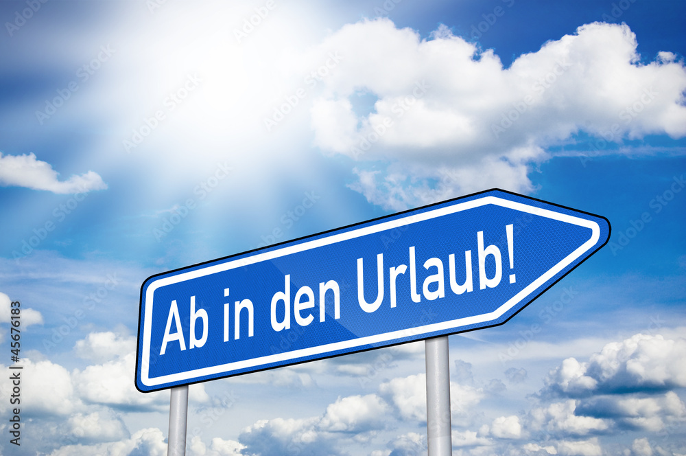 Fototapete Blaues Schild Mit Sonne Und Ab In Den Urlaub Fototapeten