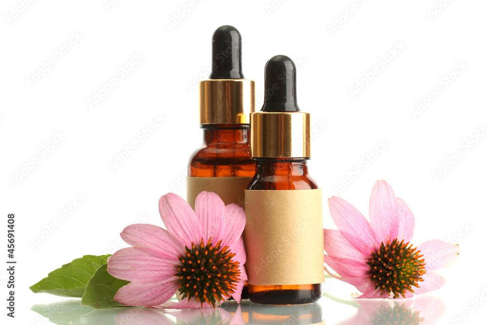 bottles with essence oil with purple echinacea , isolated