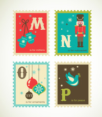 Wall Mural - Christmas retro alphabet with cute icons