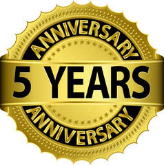 Wall Mural - 5 years anniversary golden label with ribbon