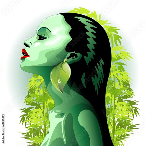 Fototapeta na wymiar Beautiful Green Bamboo Zen Girl-Ritratto Donna Bamboo-Vector