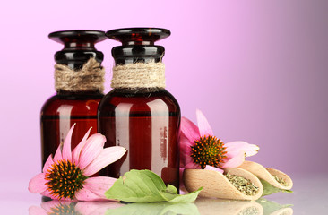 Canvas Print - medicine bottles with purple echinacea, on pink background