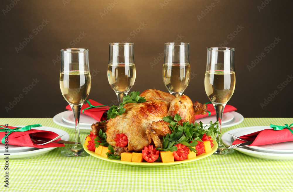 banquet table with roast chicken close-up. Thanksgiving Day