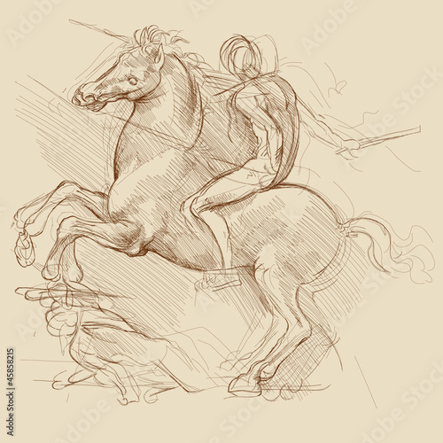 Naklejka dekoracyjna Horse and Rider. Based on drawing of Leonardo da Vinci