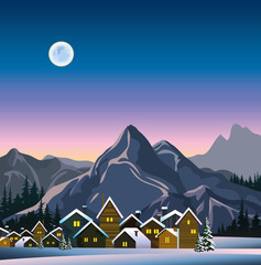 Sticker - Winter landscape with snow houses and mountains