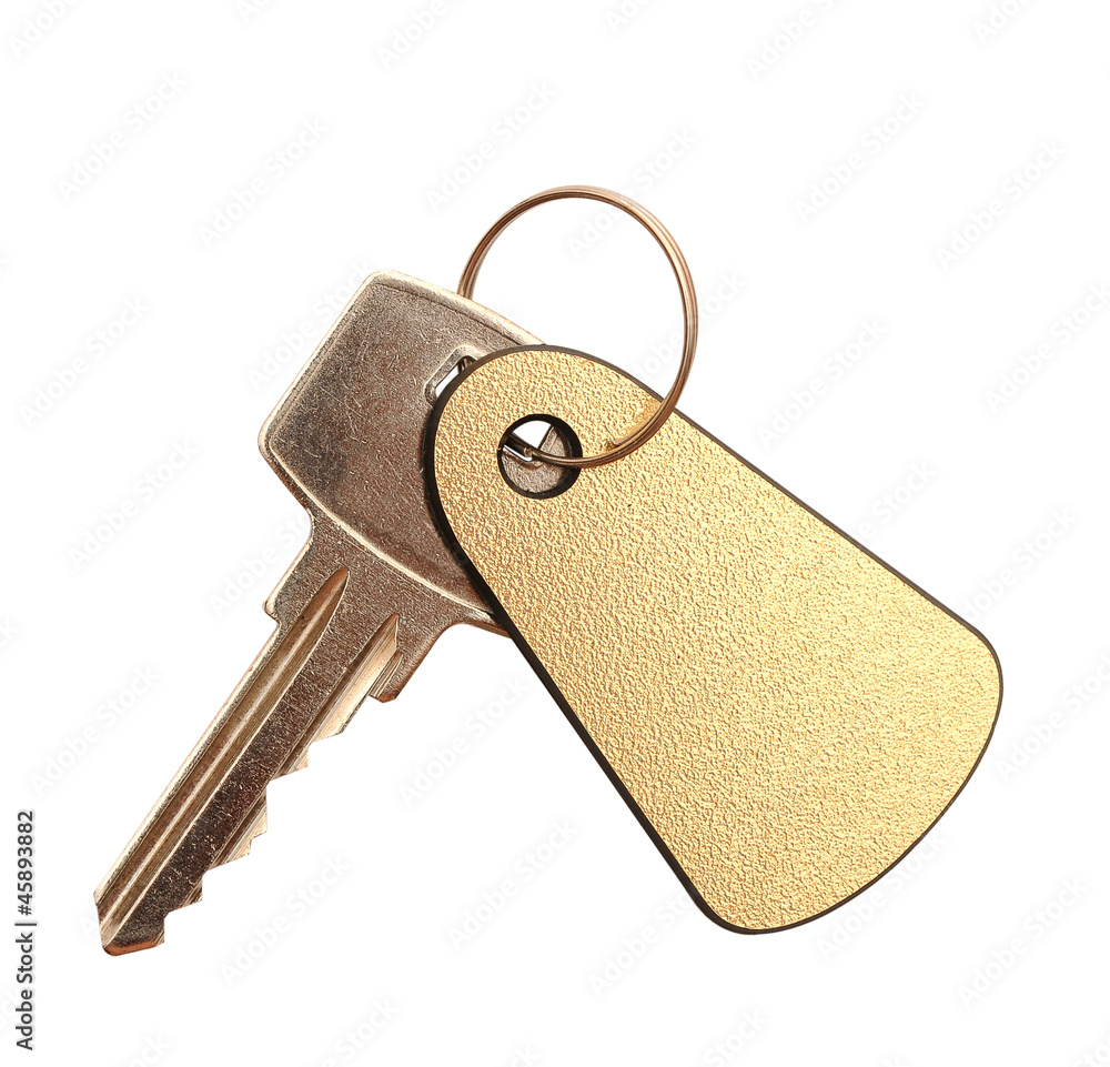 Key with blank golden label for your text isolated on white bac Stock ...