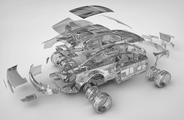 exploded transparent car