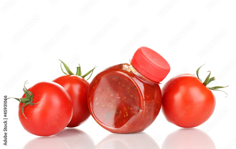 Tomato sauce in bottle isolated on white