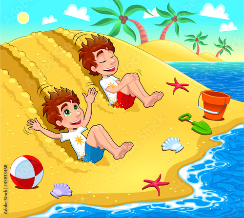 Obraz na płótnie canvas czteroczęściowy "tetraptyk" Bliźnięta grają na plaży. 