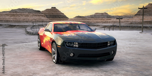 Naklejka dekoracyjna sport car in sunrise desert 3d scene