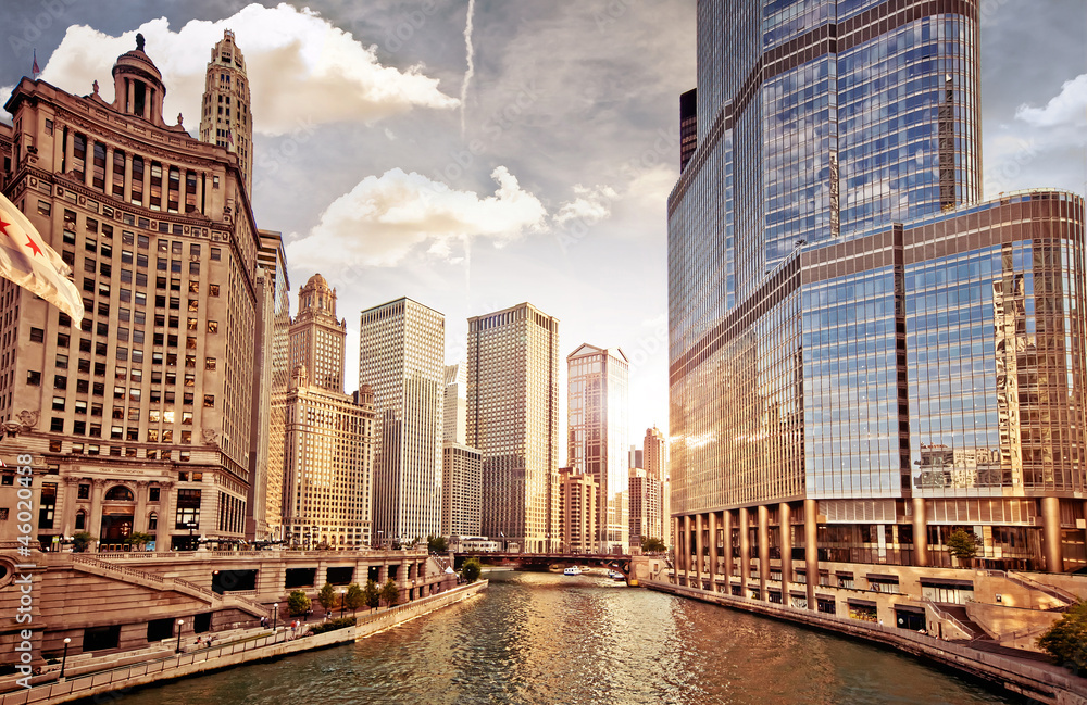 Chicago skyline at sunset - obrazy, fototapety, plakaty 