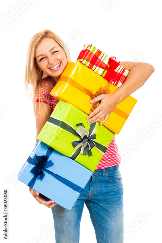 Fotografie, Obraz Young attractive laughing woman with gifts