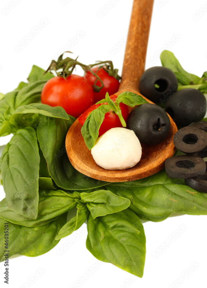 cheese mozzarella with vegetables in wooden spoon