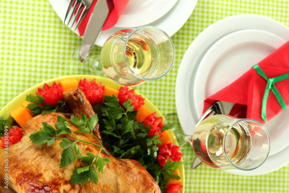 banquet table with roast chicken close-up. Thanksgiving Day