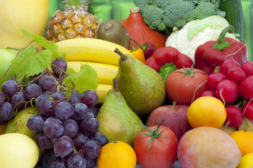 Wall Mural - Fruits and vegetables colorful mixed assortment closeup