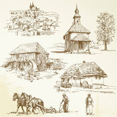 Wall Mural - rural landscape, agriculture - hand drawn collection