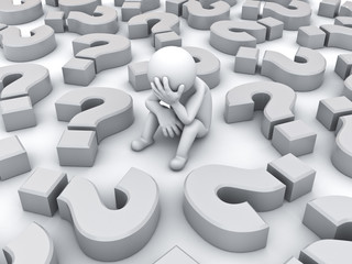 Poster - Stressed 3d man sitting amongst question marks on white