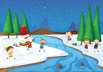 Wall Mural - a snowman, kids near river