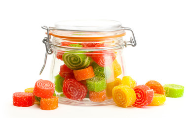 Canvas Print - colorful jelly candies in glass jar isolated on white.