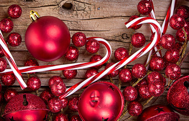 Wall Mural - Candy canes and ornaments on wood