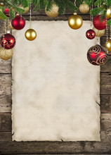 Christmas Theme With Blank Paper On Wooden Planks