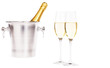 zwei gläser mit sekt vor sektkühler mit champagner