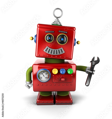 Fototapeta dla dzieci Toy mechanic robot with wrench over white