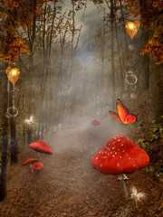 Wall Mural - Enchanted nature series - autumnal pathway with red mushrooms
