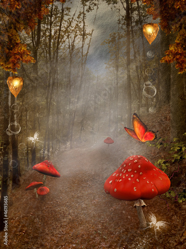 Fototapeta na wymiar Enchanted nature series - autumnal pathway with red mushrooms