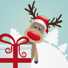 Sticker - reindeer behind gift box red white ribbon