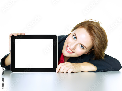 Foto-Doppelrollo - Business woman presenting her tablet pc with copyspace (von Karin & Uwe Annas)
