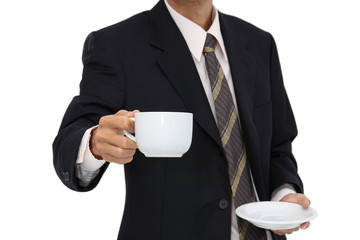 Coffee serving with business man focus at cup