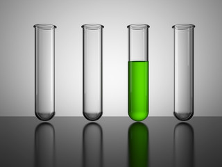 glass beakers.test tube with green liquid