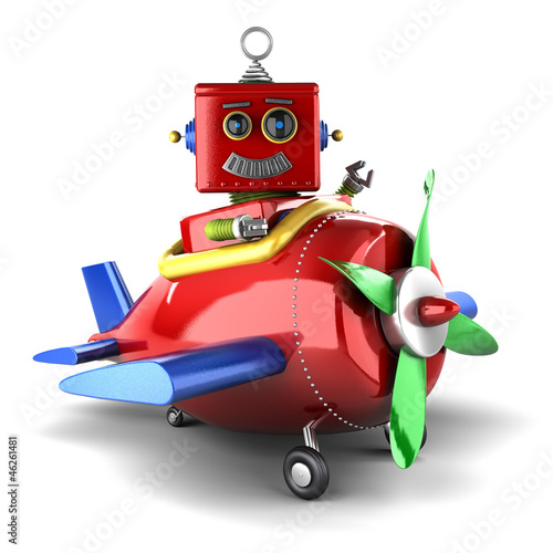Naklejka dekoracyjna Happy toy robot in plane over white background