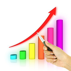 pen pointing 3d arrow and bar graph