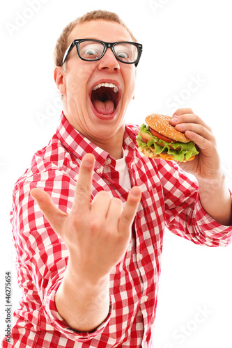 Naklejka na szybę Funny man in glasses eating hamburger