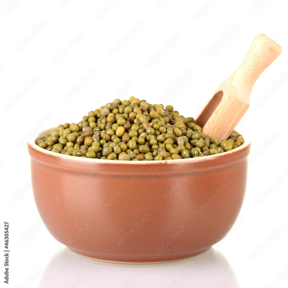 Green mung beans  with scoop in bowl isolated on white