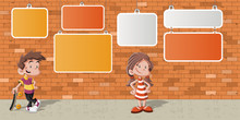 Cartoon Children In Front Of Orange Brick Wall Background