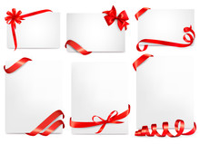 Set Of Beautiful Cards With Red Gift Bows With Ribbons Vector