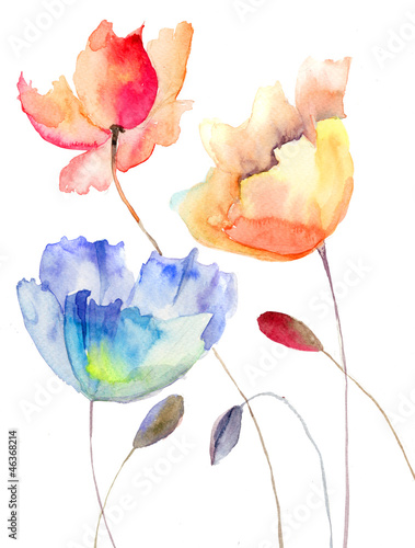 Naklejka - mata magnetyczna na lodówkę Beautiful summer flowers, watercolor illustration